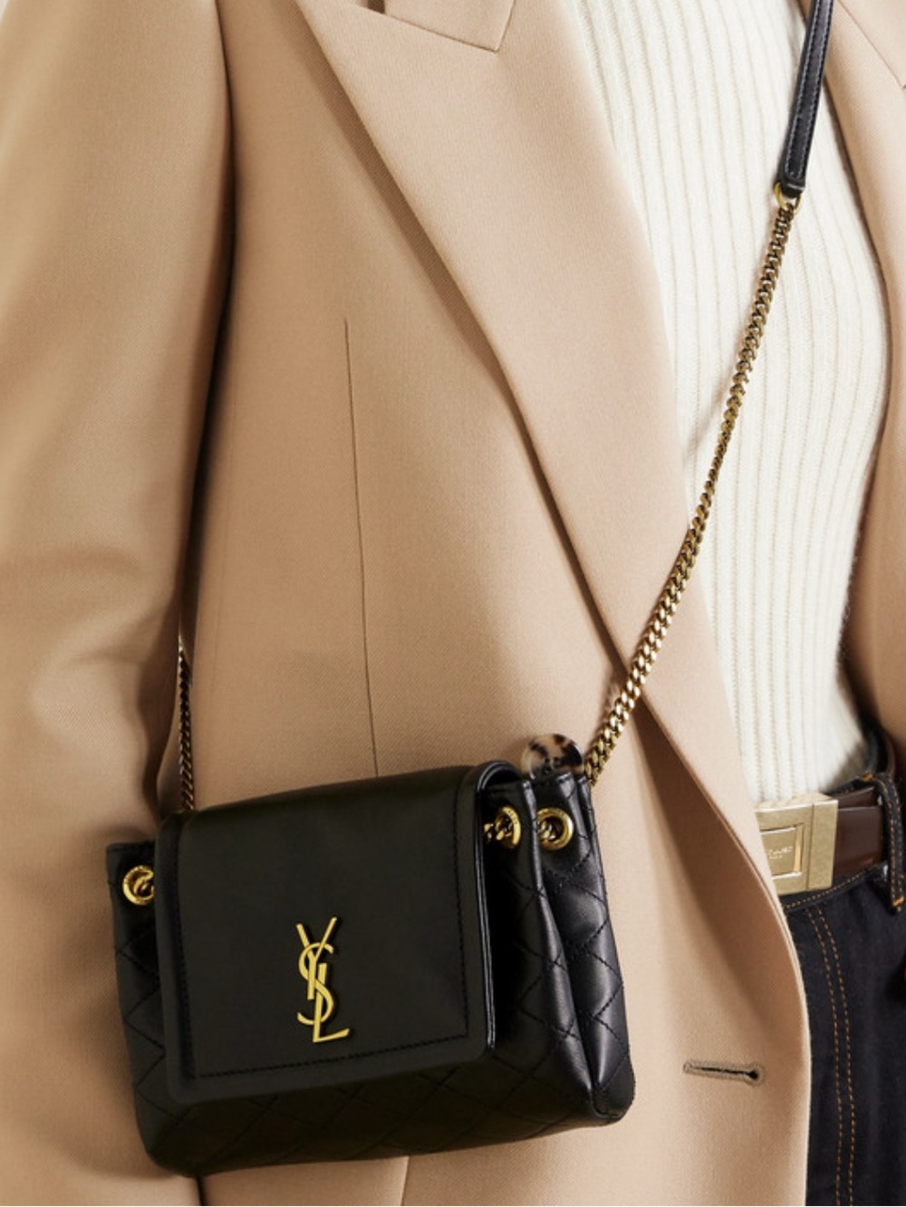 Saint Laurent Black Quilted Leather Crossbody Bag with Gold Hardware